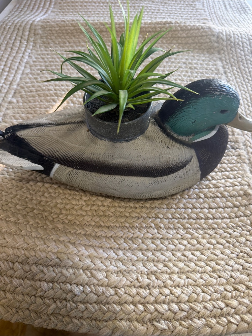 Decorative Duck Planter with Green Head and Faux Grass